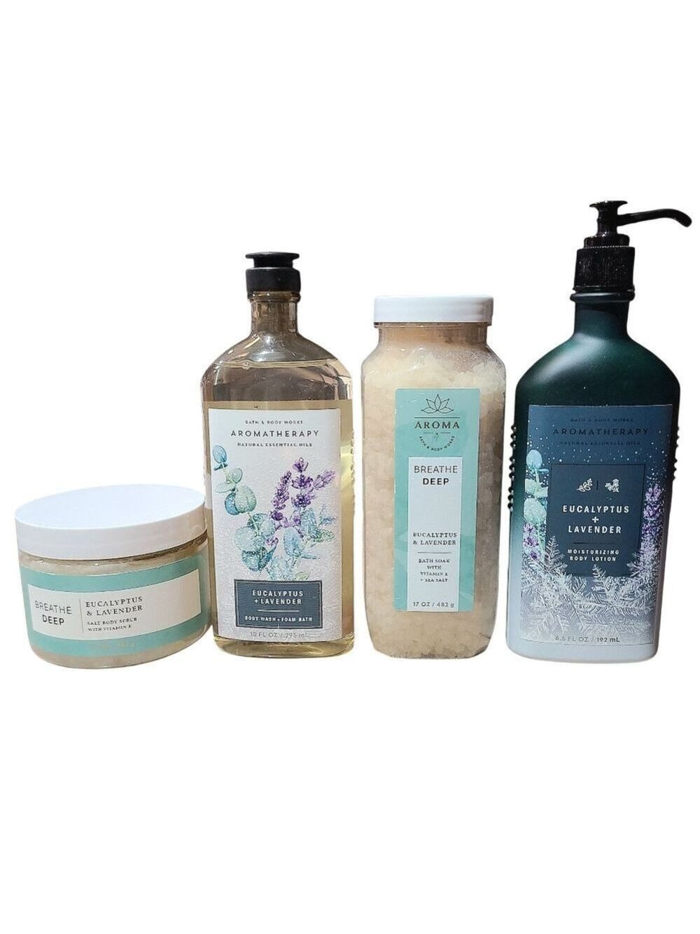 BATH AND BODY WORKS EUCALYPTUS LAVENDER BODY WASH LOTION SCRUB SOAK 4 PIECE SET